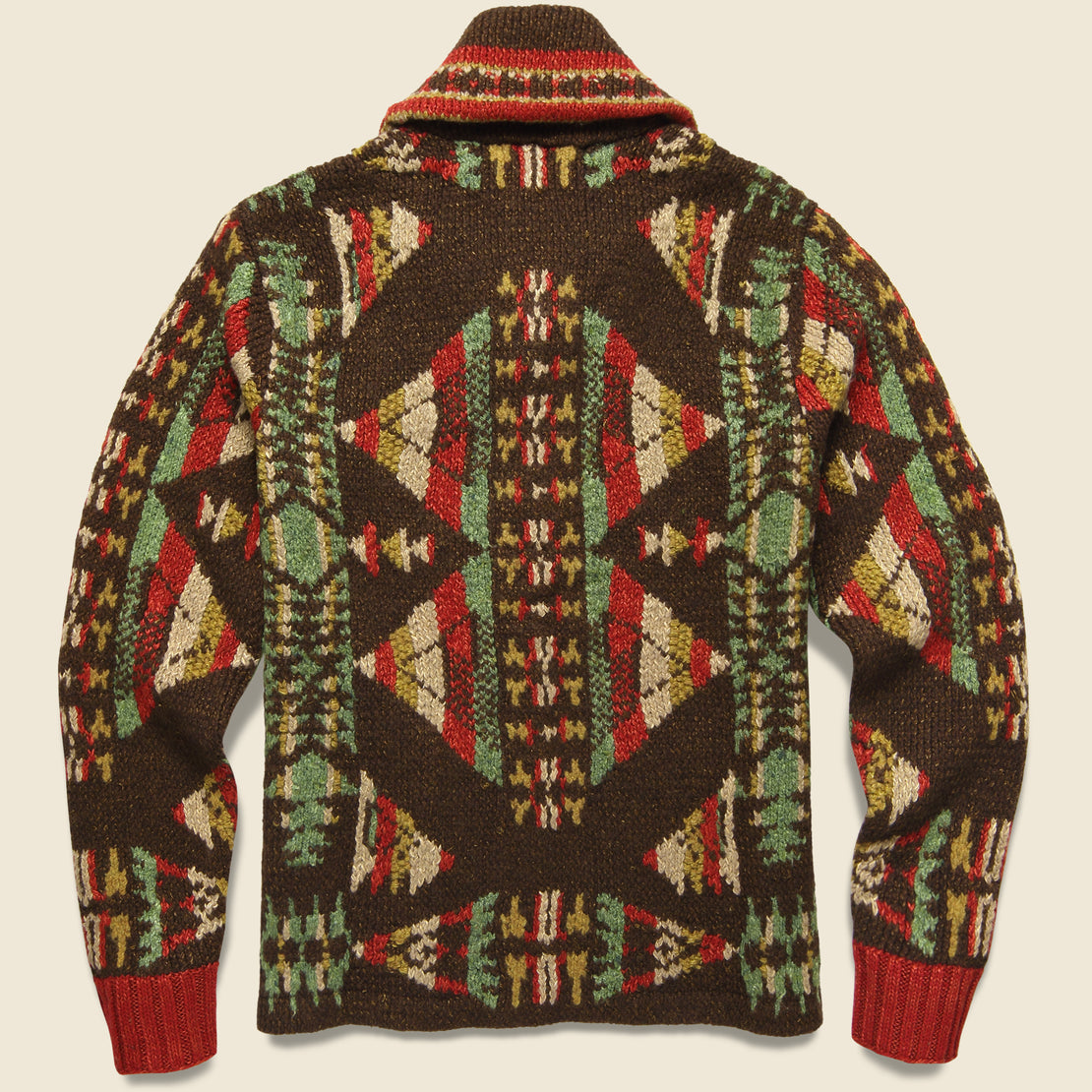 Hand-Knit Jacquard Shawl Cardigan - Red/Multi