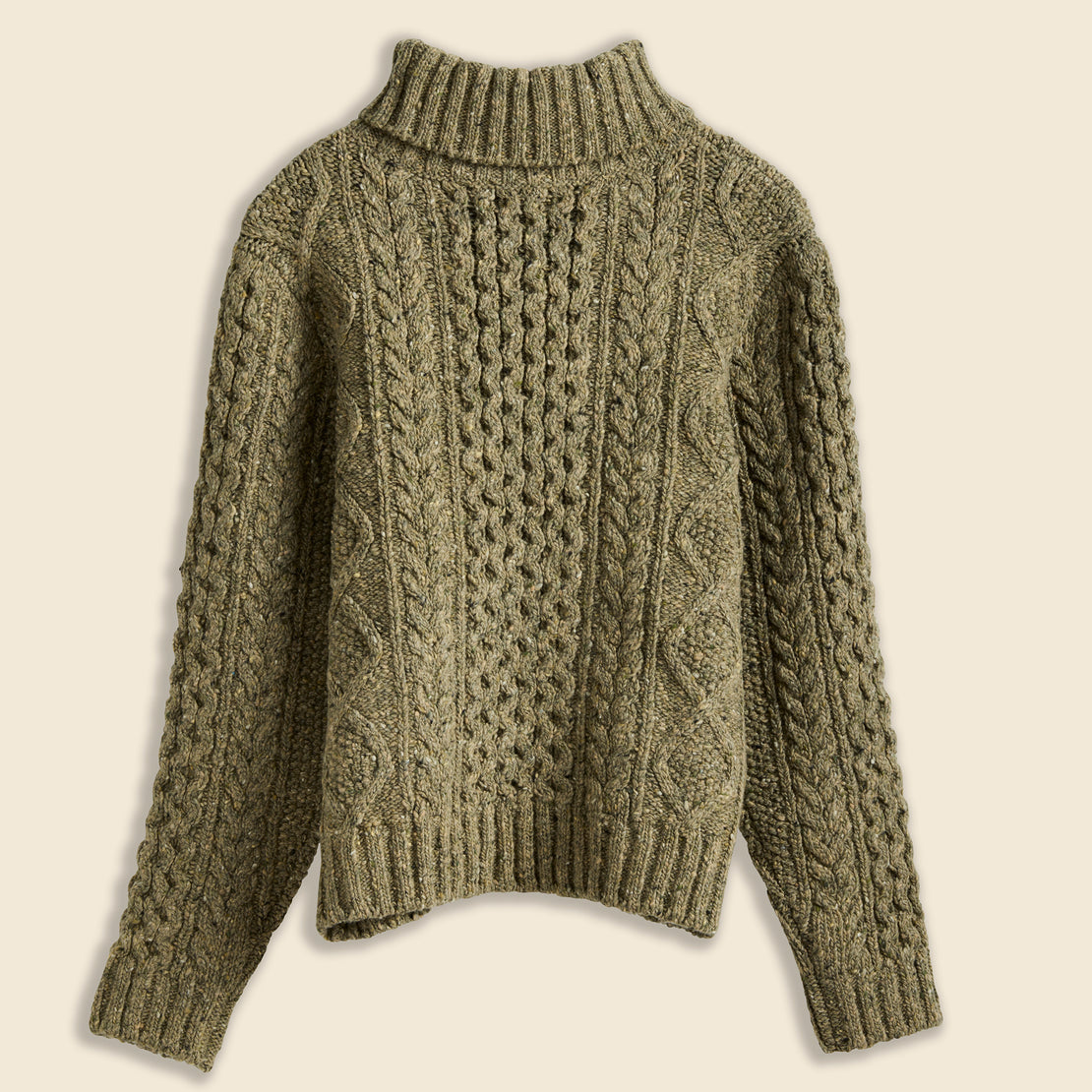 Wool Cable Turtleneck Sweater - Green Donegal