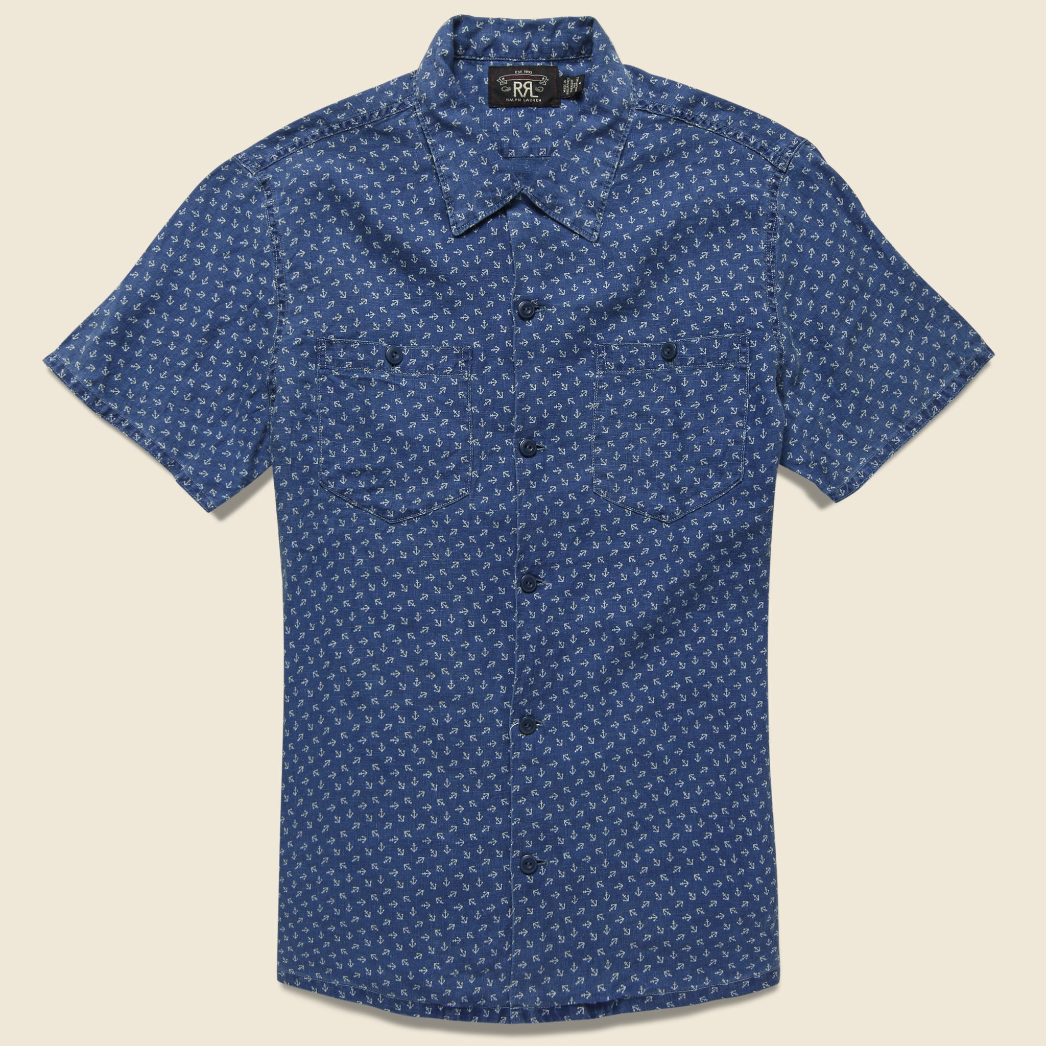 Anchor-Print Linen Camp Shirt - Blue/Cream - RRL - STAG Provisions - Tops - S/S Woven - Other Pattern