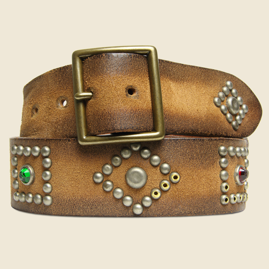 RRL Roughout Studded Suede Belt - Brown