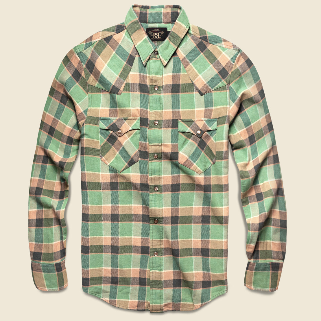 RRL Slim Plaid Twill Western Shirt - Green/Coral