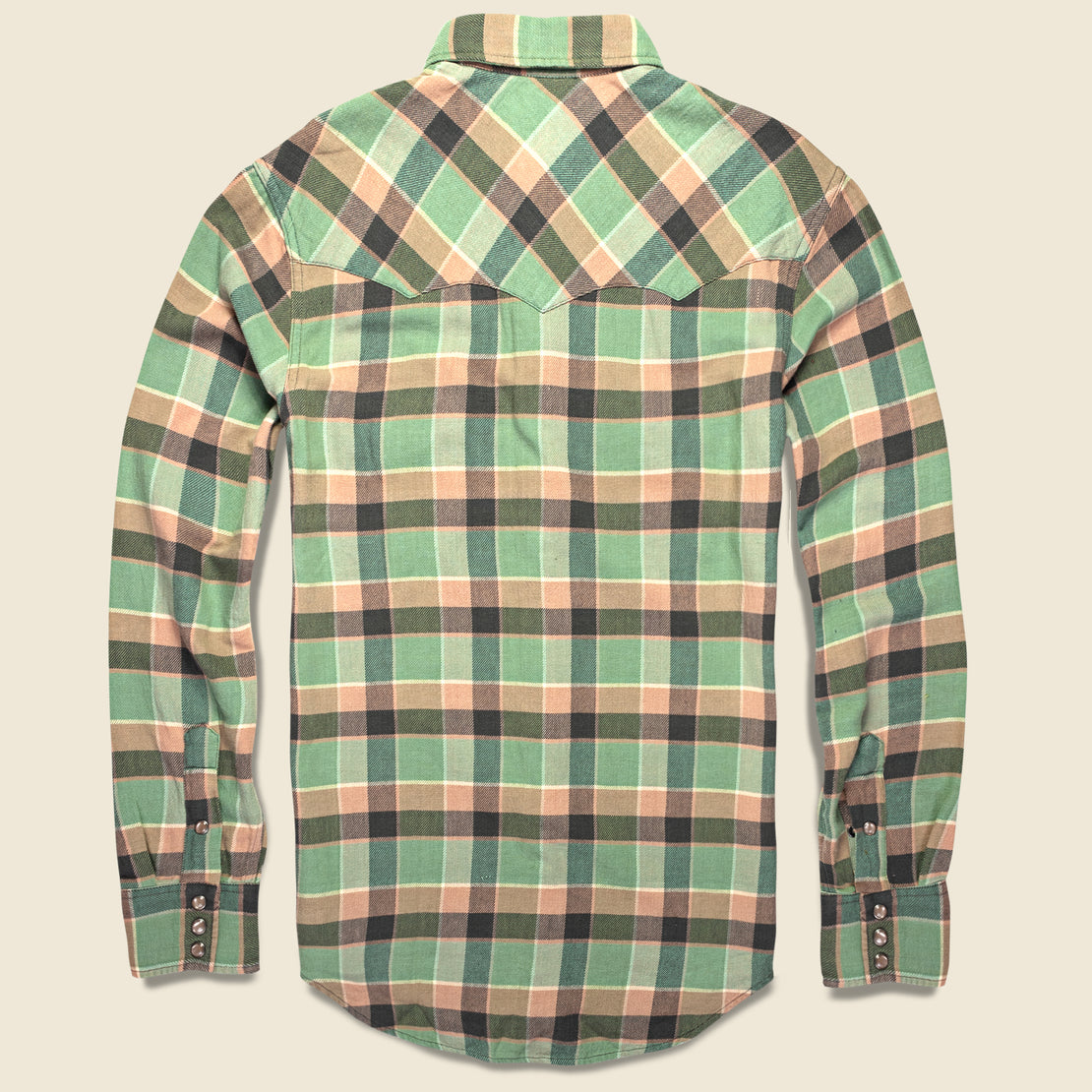 Slim Plaid Twill Western Shirt - Green/Coral