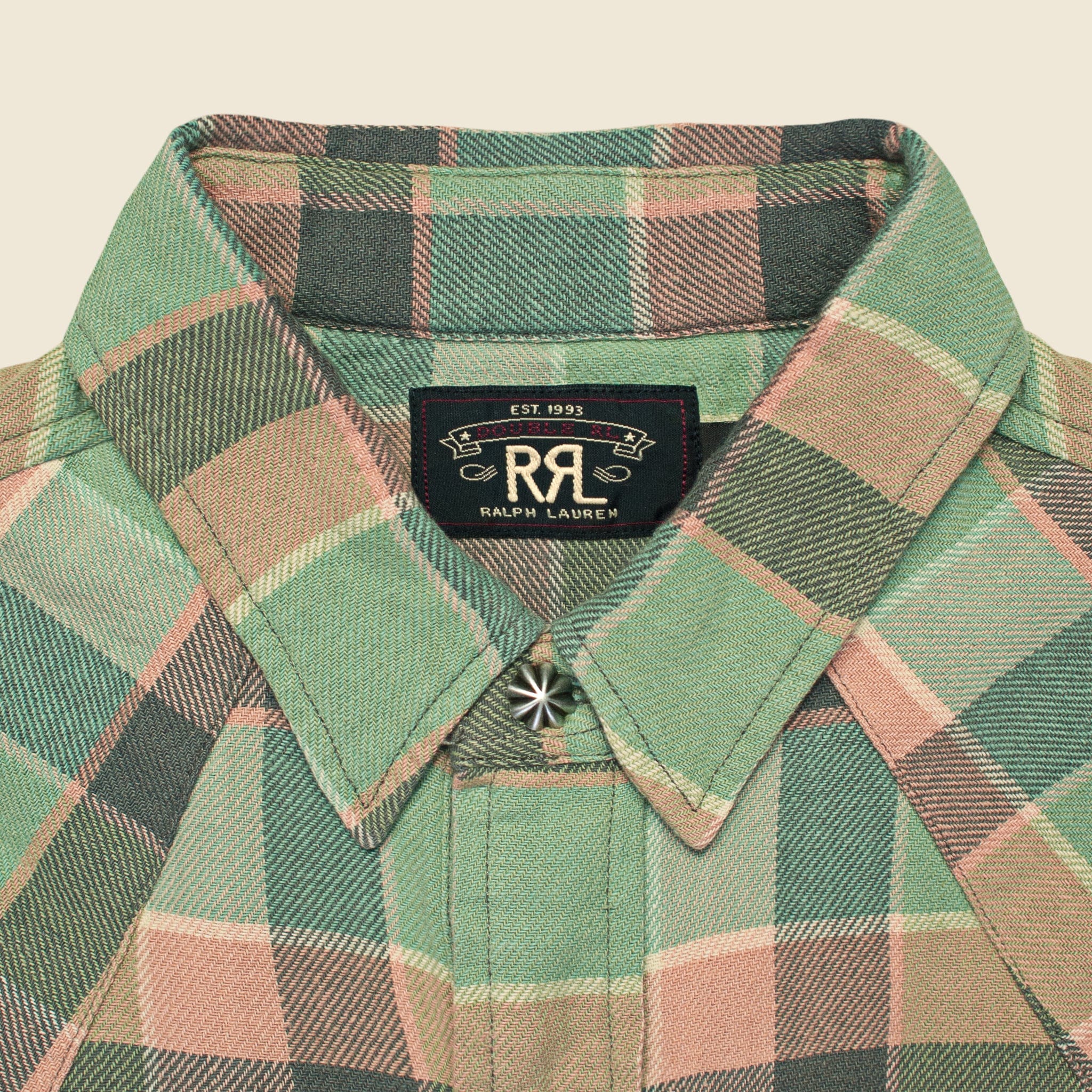 
                          Slim Plaid Twill Western Shirt - Green/Coral - RRL - STAG Provisions - Tops - L/S Woven - Plaid
                        