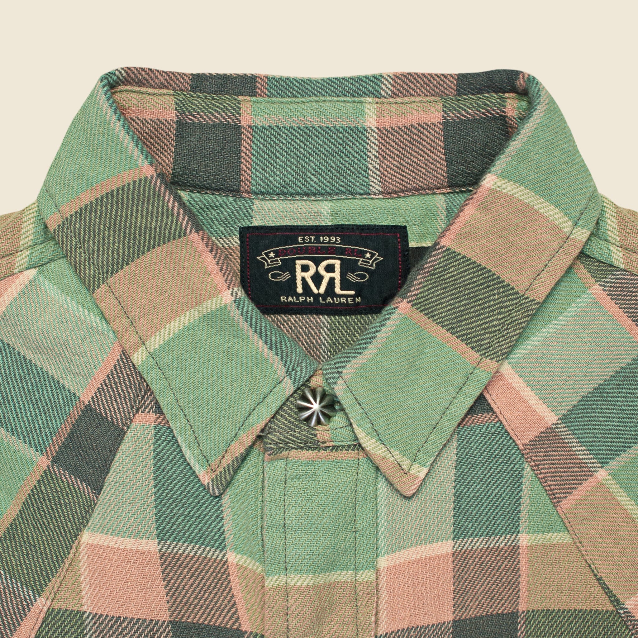 Slim Plaid Twill Western Shirt - Green/Coral - RRL - STAG Provisions - Tops - L/S Woven - Plaid