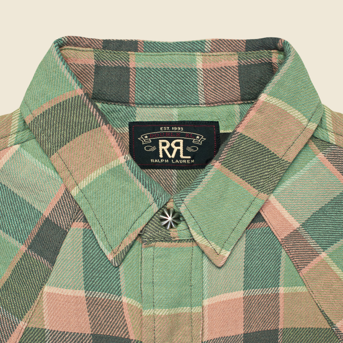 Slim Plaid Twill Western Shirt - Green/Coral