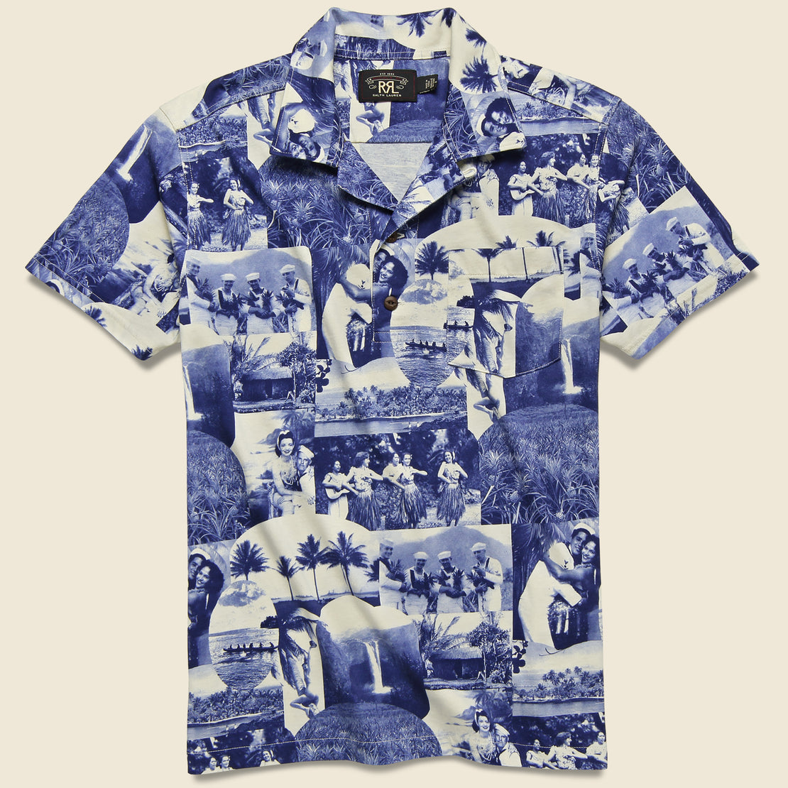 RRL Photo-Print Jersey Camp Shirt - Blue/Cream