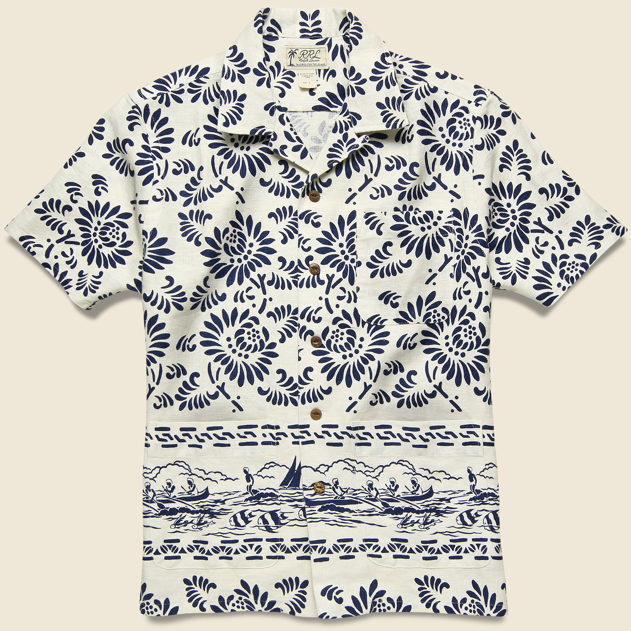 Print Linen Camp Shirt - Cream/Blue - RRL - STAG Provisions - Tops - S/S Woven - Other Pattern