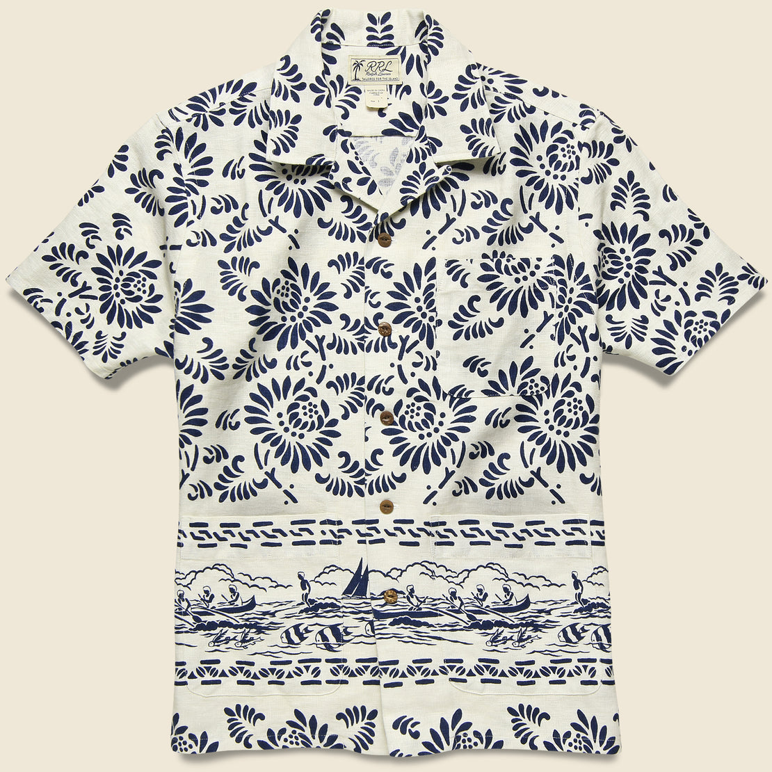 RRL Print Linen Camp Shirt - Cream/Blue