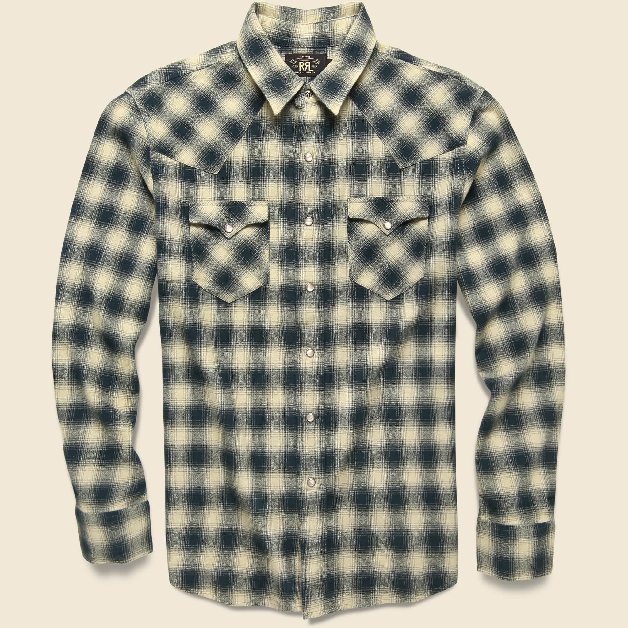 Slim Fit Plaid Brushed Western Shirt - Cream/Grey - RRL - STAG Provisions - Tops - L/S Woven - Plaid