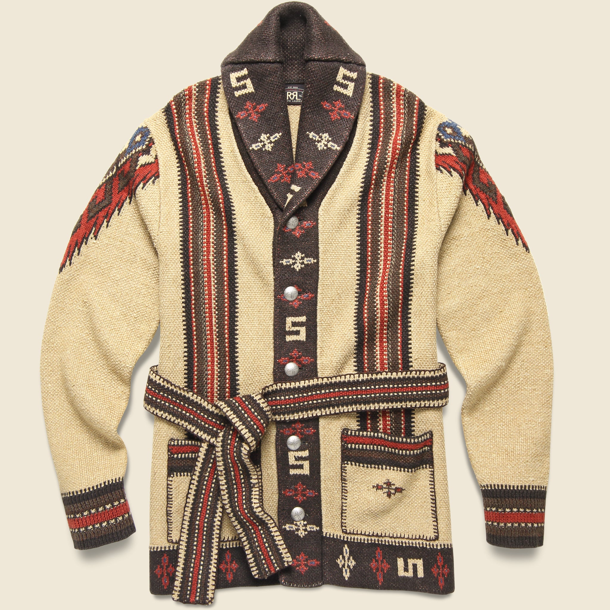 Linen-Blend Belted Cardigan - Tan/Brown/Red Mutli - RRL - STAG Provisions - Tops - Sweater