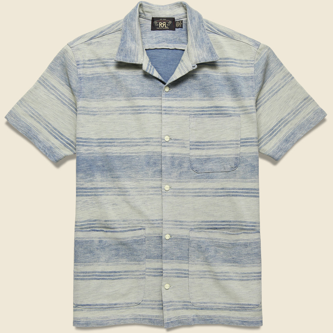 RRL 3 Pocket Jersey Camp Shirt - Indigo/Cream Stripe