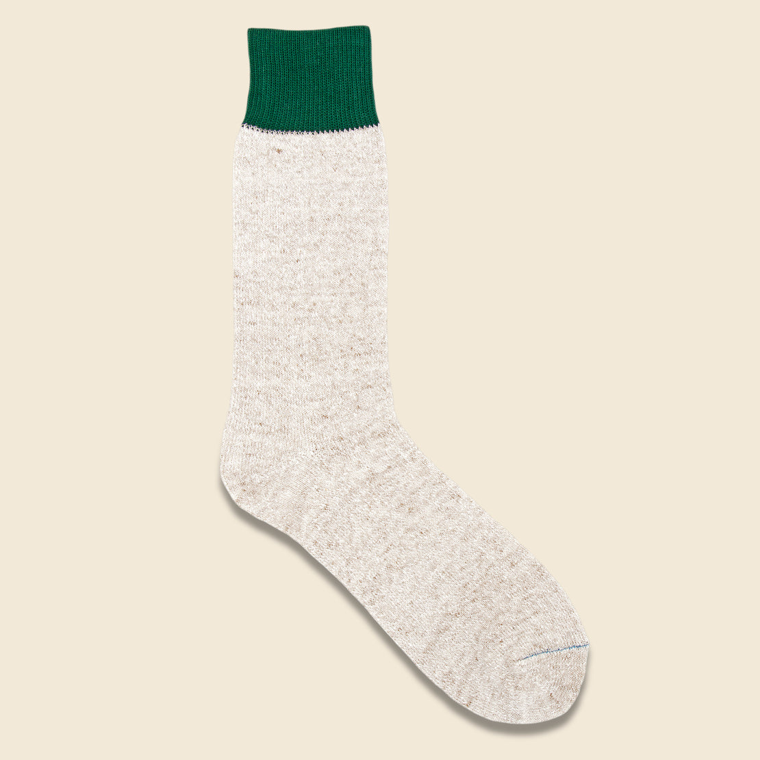 Silk & Cotton Double Face Crew Sock - Green/Medium Beige