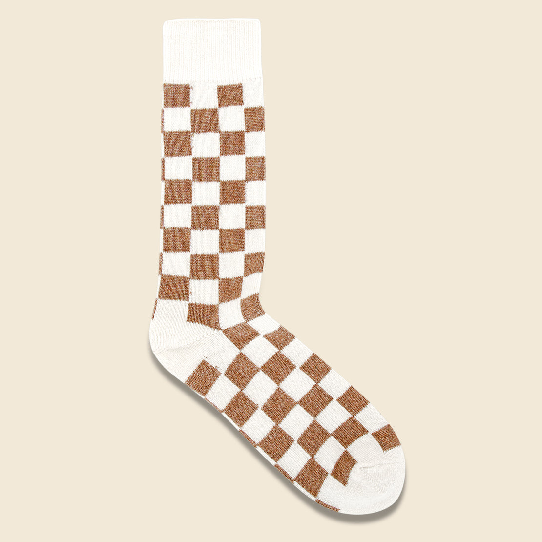 RoToTo Recycle Wool Checkerboard Crew Sock - Ivory/Camel