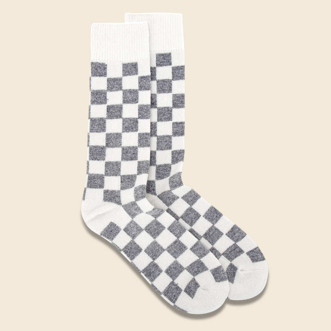 RoToTo Recycle Wool Checkerboard Crew Sock - Ivory/Gray