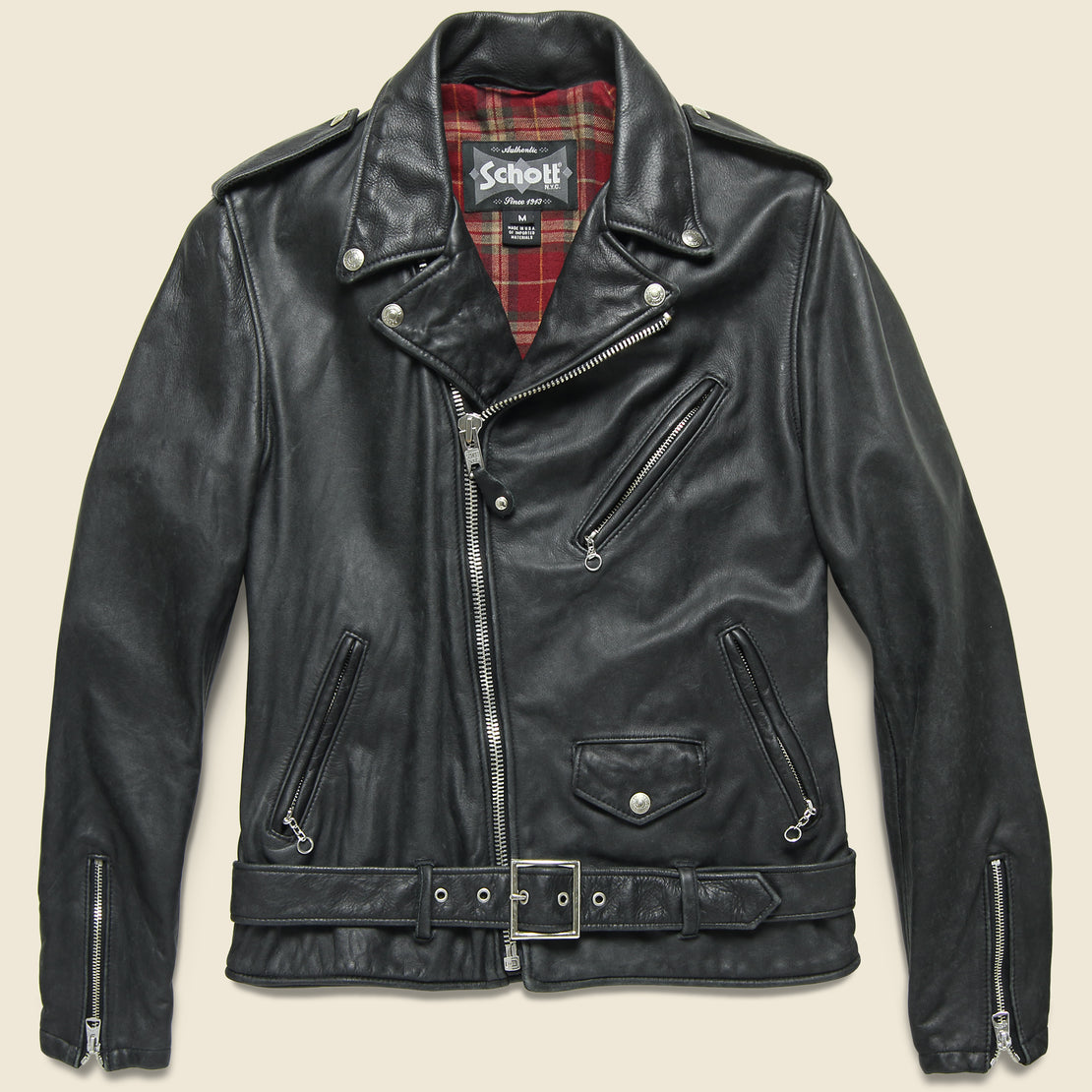 Schott Lightweight Fitted Cowhide Motorcycle Jacket - Black