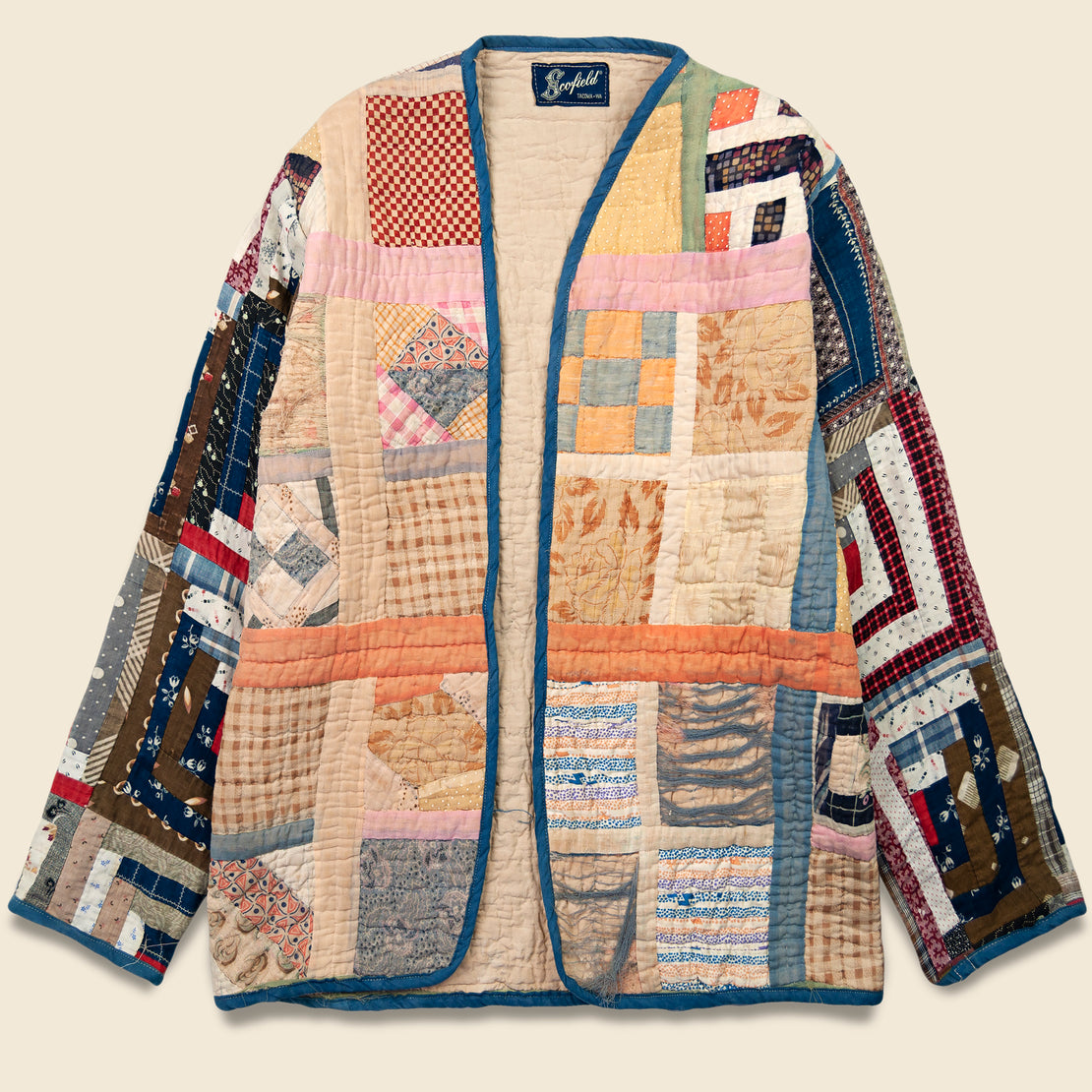 Vintage Scofield Cross w/ Log Cabin Sleeves Quilt Kimono - Beige/Multi