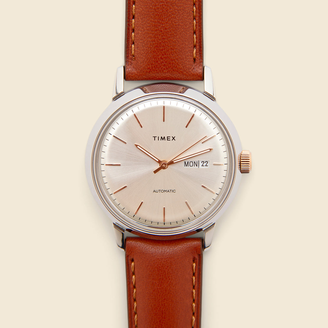 Timex Marlin Automatic Watch 40mm - Stainless/Cream/Brown Leather