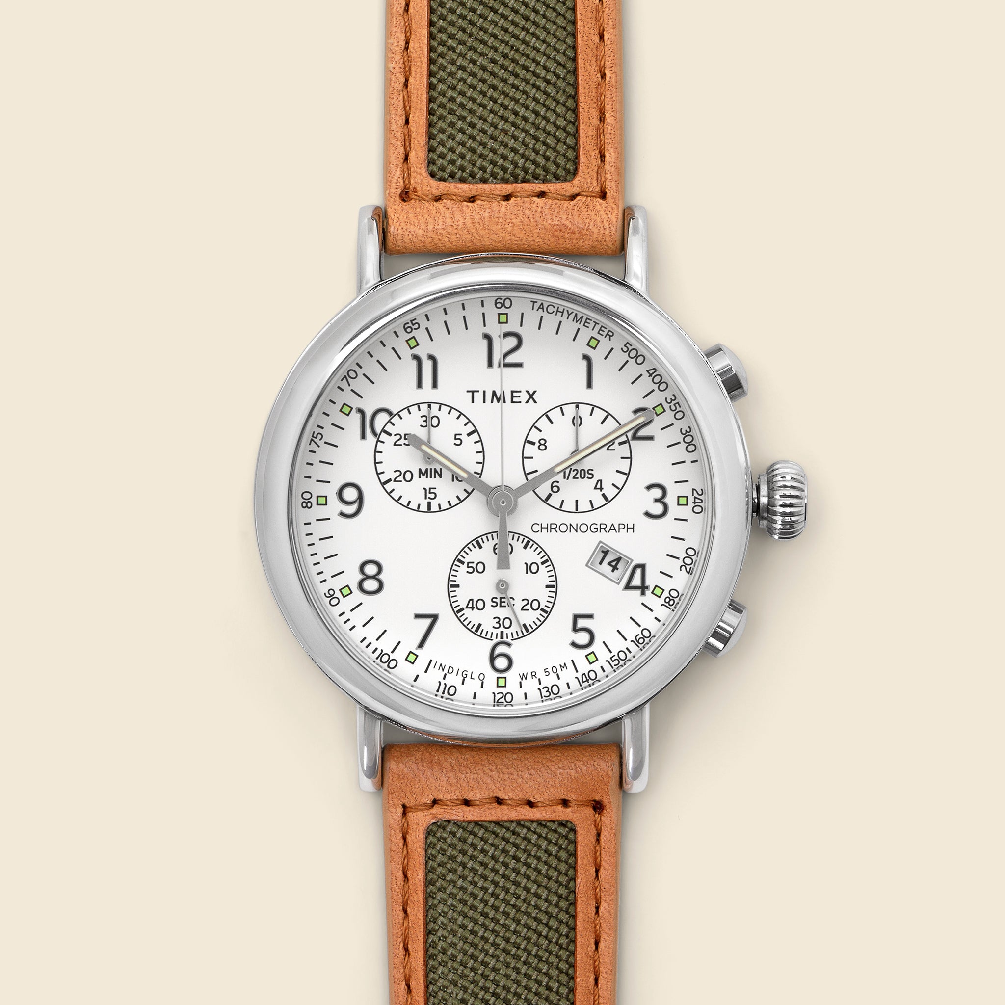 Chronograph Leather Strap Watch 41mm - Silver Tone/Tan/Cream - Timex - STAG Provisions - Accessories - Watches