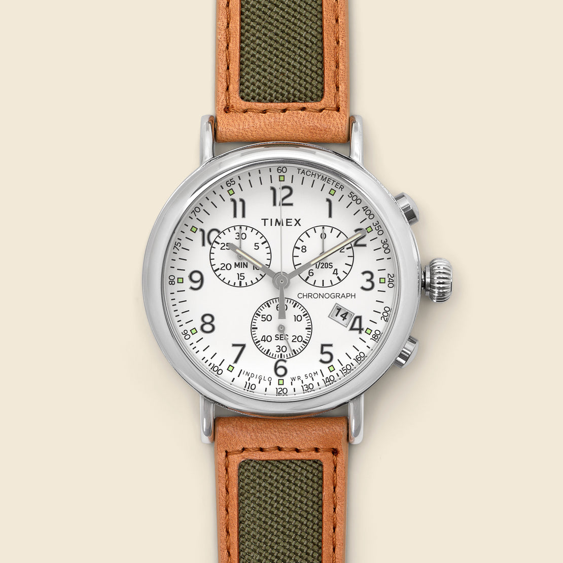 Timex Chronograph Leather Strap Watch 41mm - Silver Tone/Tan/Cream