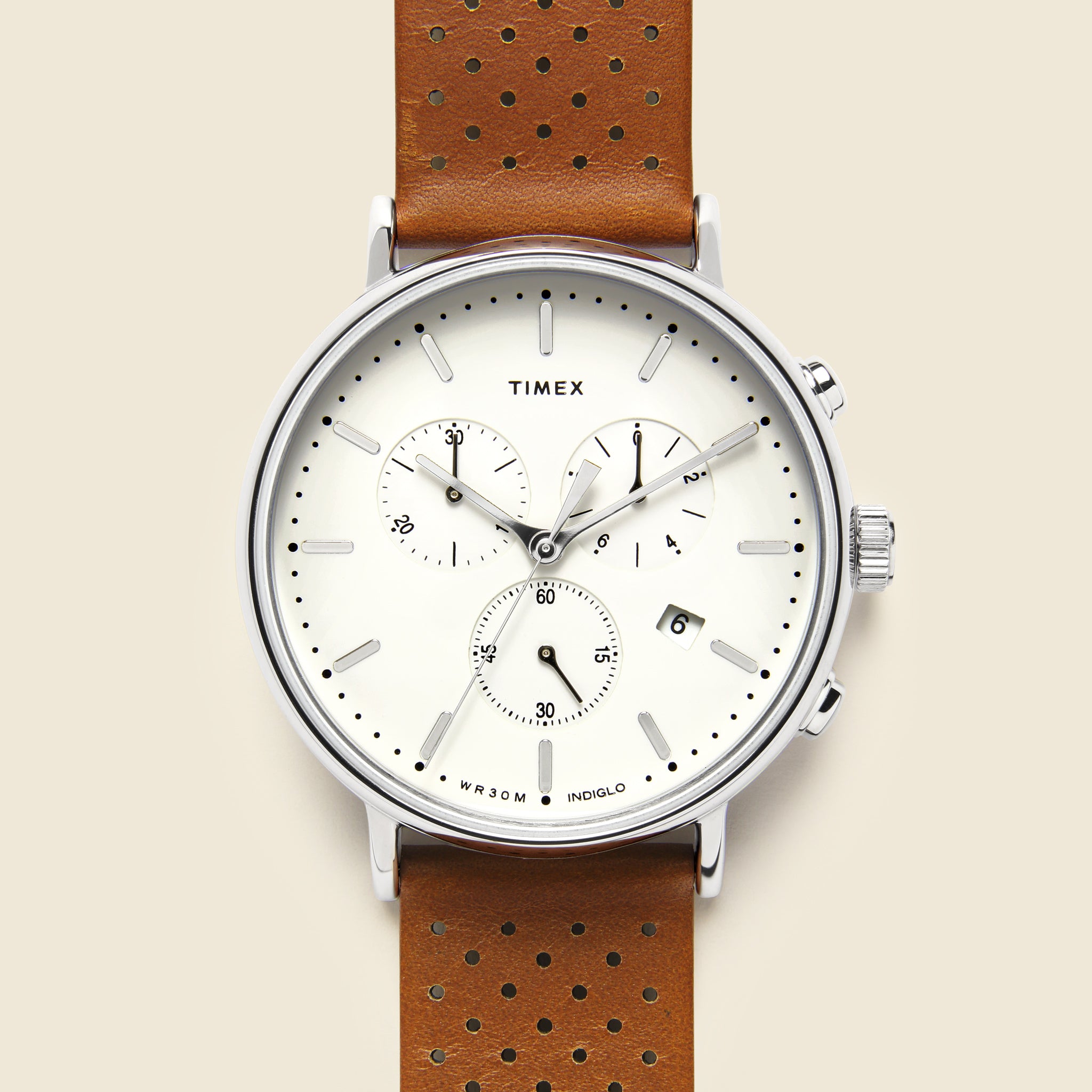 Fairfield Chronograph Leather Strap Watch 41mm - Silver Tone/Tan/White - Timex - STAG Provisions - Accessories - Watches