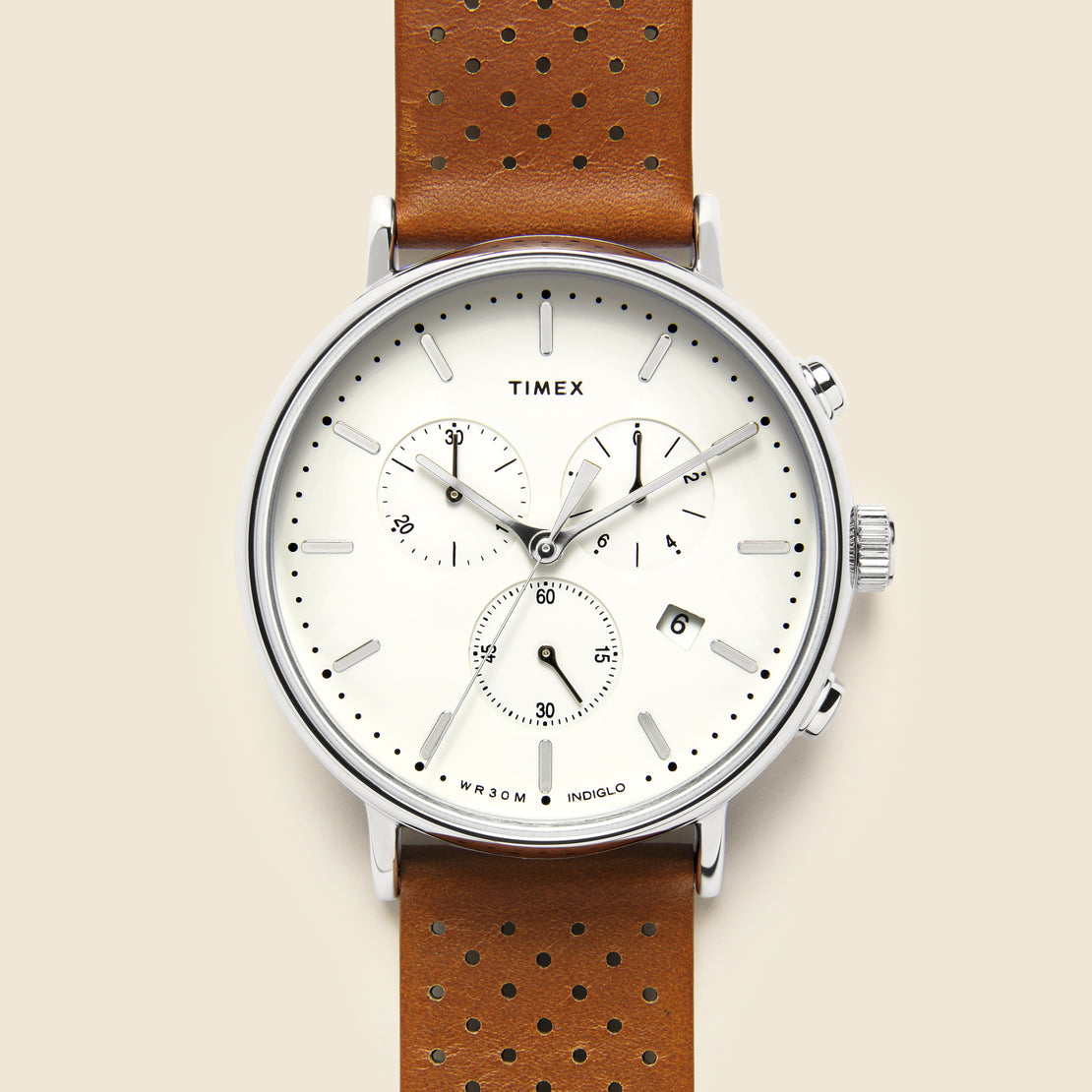 Timex Fairfield Chronograph Leather Strap Watch 41mm - Silver Tone/Tan/White