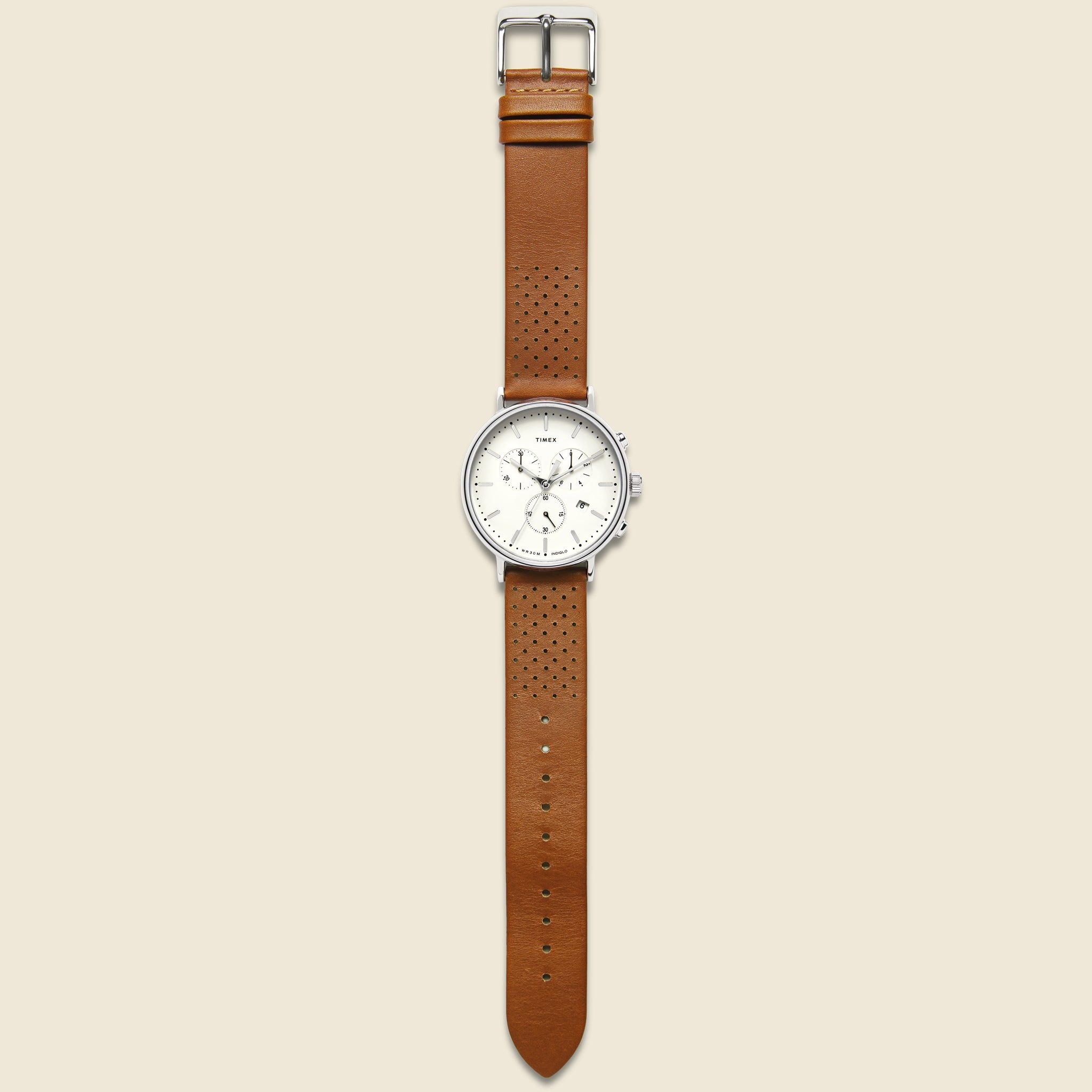 
                          Fairfield Chronograph Leather Strap Watch 41mm - Silver Tone/Tan/White - Timex - STAG Provisions - Accessories - Watches
                        