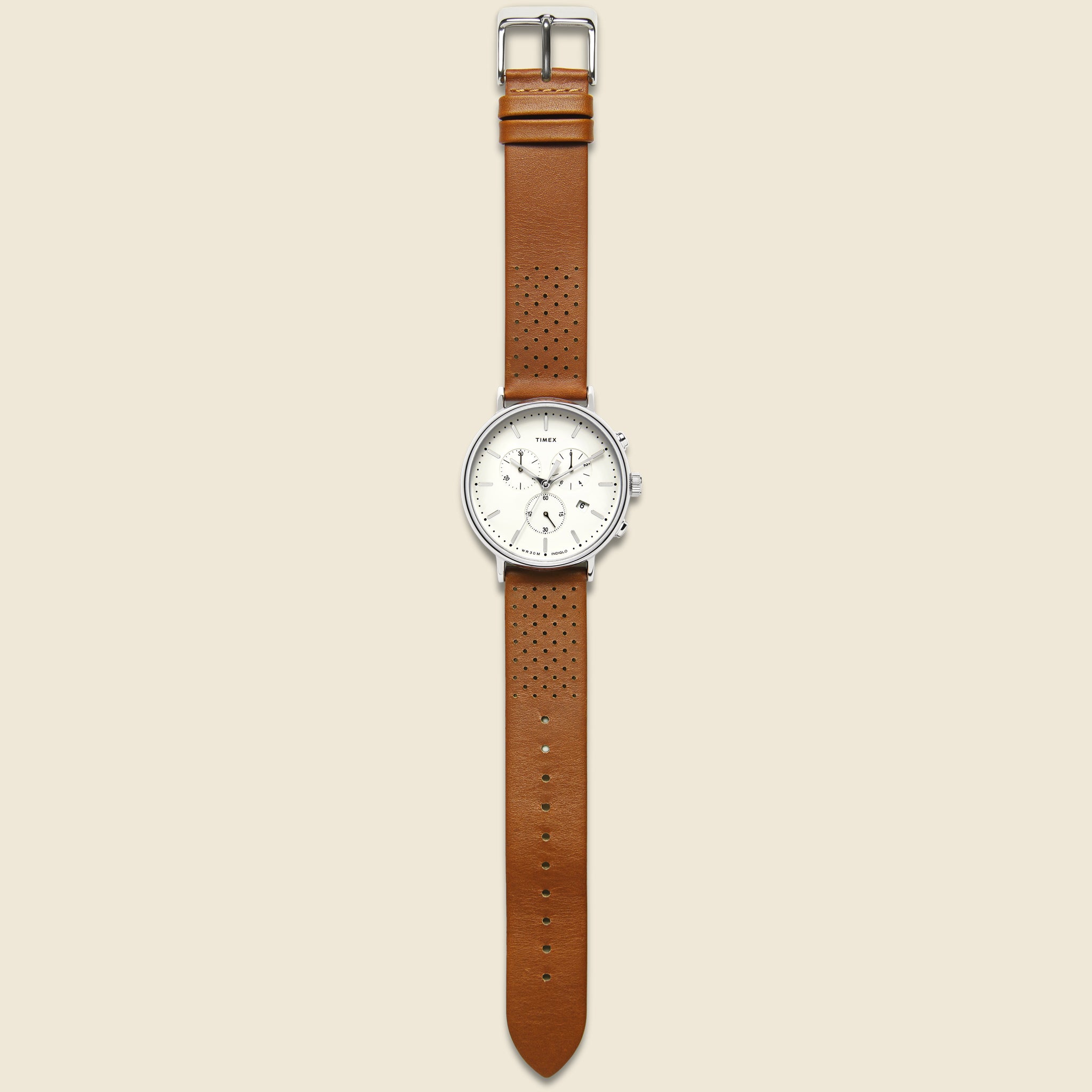 Fairfield Chronograph Leather Strap Watch 41mm - Silver Tone/Tan/White - Timex - STAG Provisions - Accessories - Watches