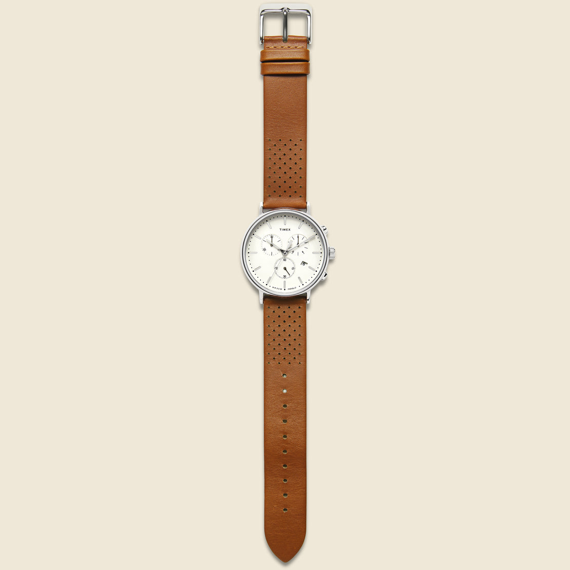 Fairfield Chronograph Leather Strap Watch 41mm - Silver Tone/Tan/White