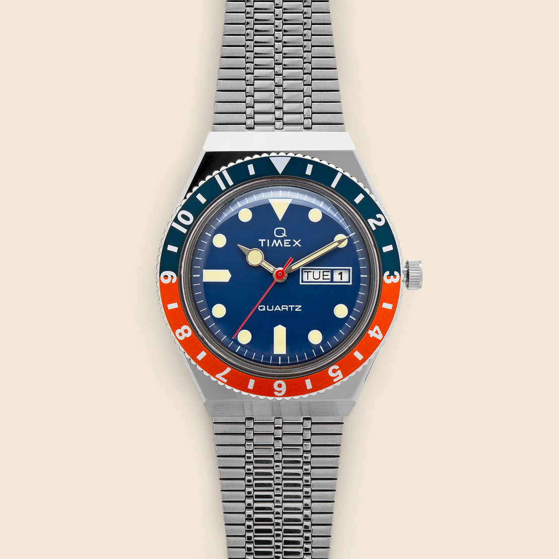 Q Timex Reissue 38mm Bracelet Watch Stainless Steel Blue Orange