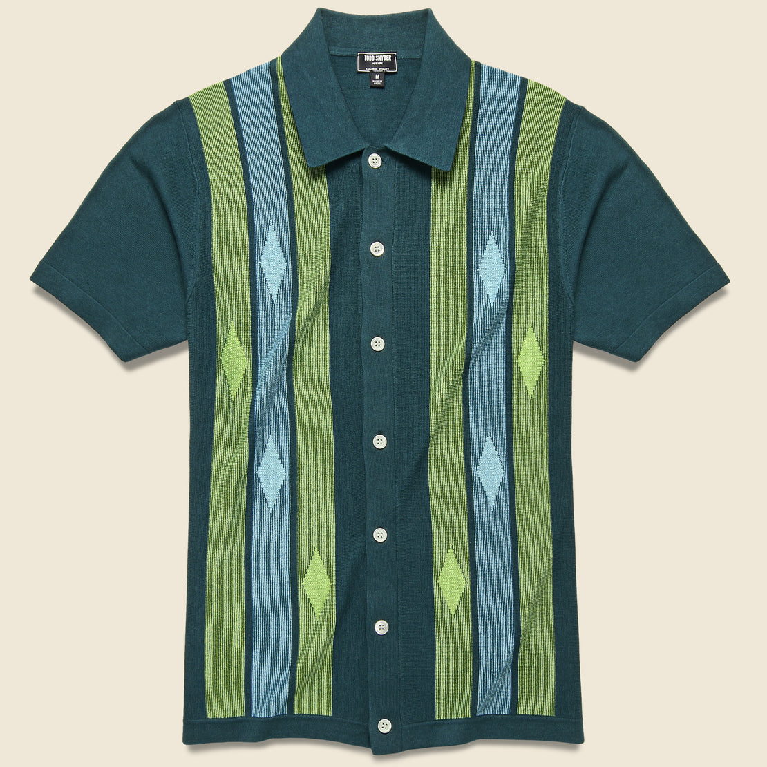 Todd Snyder Striped Argyle Button-Down Sweater Polo - Storm Green