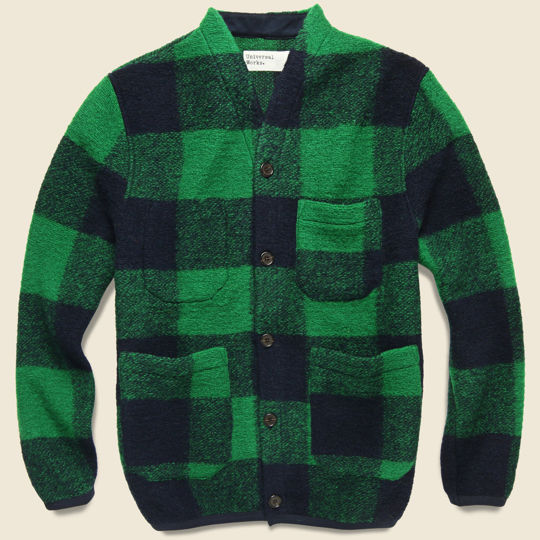 Universal Works Wool Fleece Cardigan - Green Check