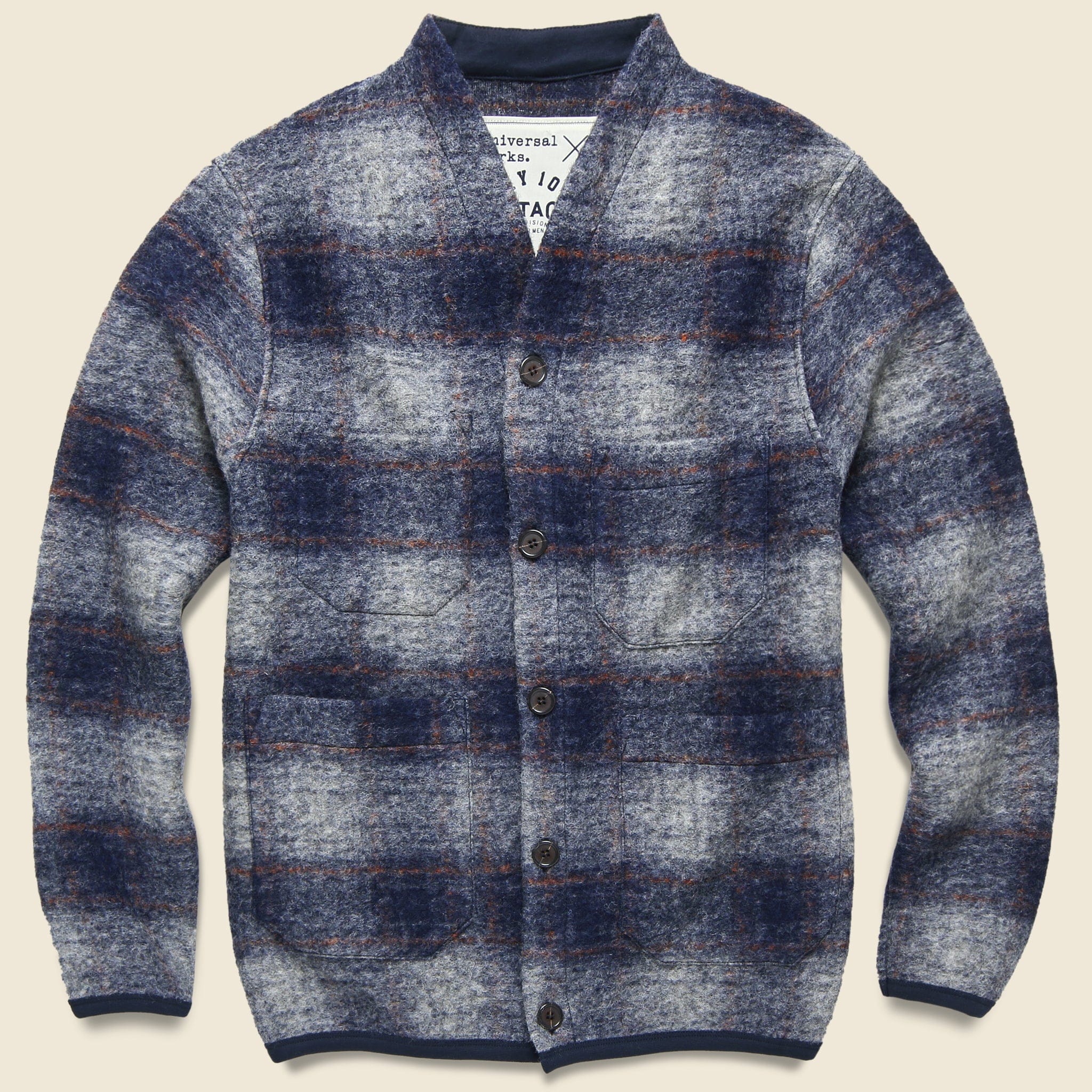 Wool Fleece Cardigan - Navy Check - Universal Works - STAG Provisions - Tops - Sweater