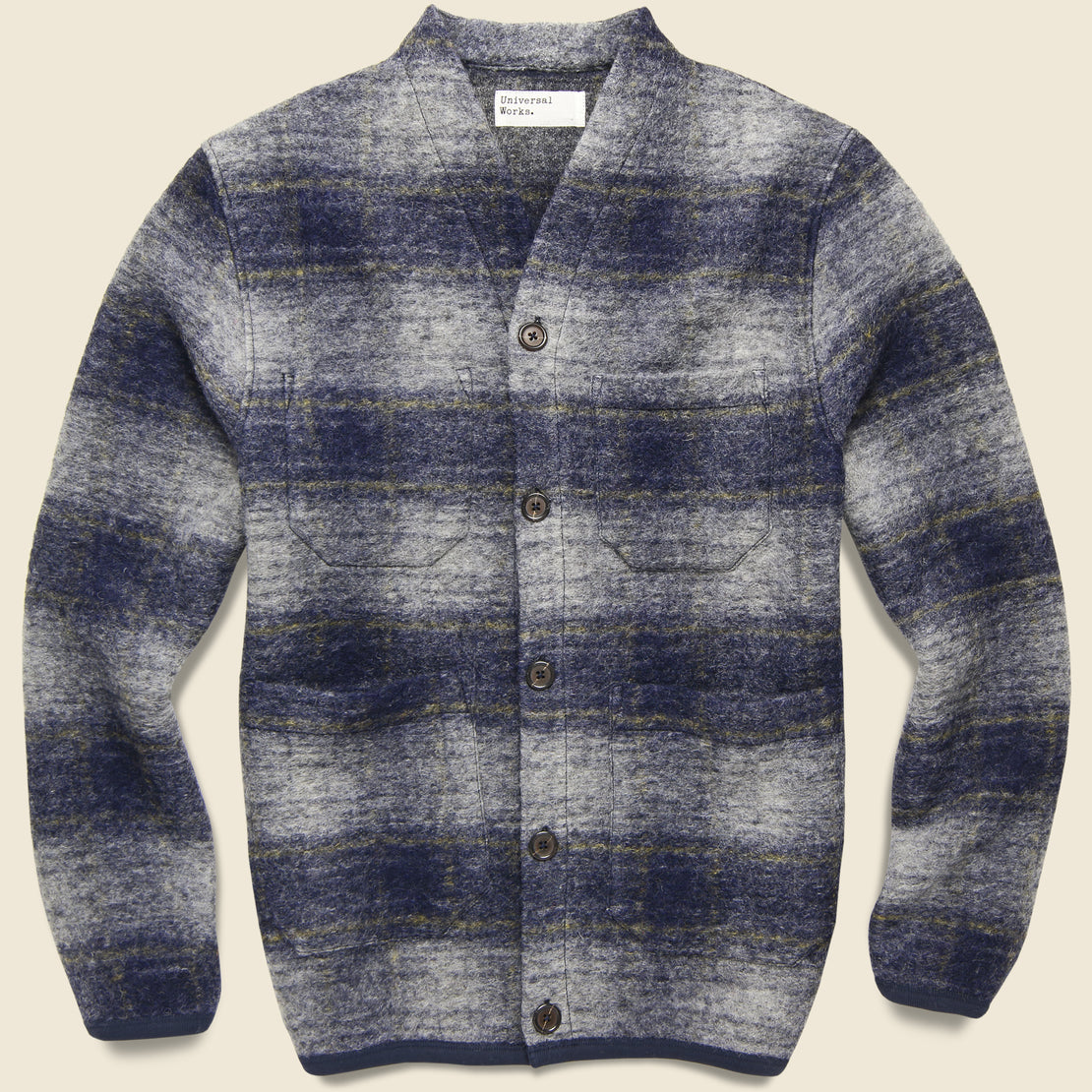 Universal Works Wool Fleece Cardigan - Navy Austin Check