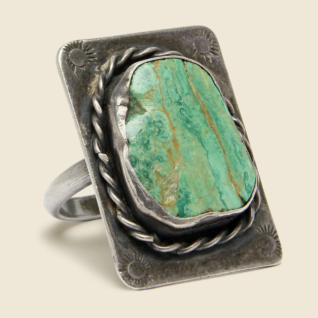 Vintage Carved & Stamped Turquoise Flattop Ring