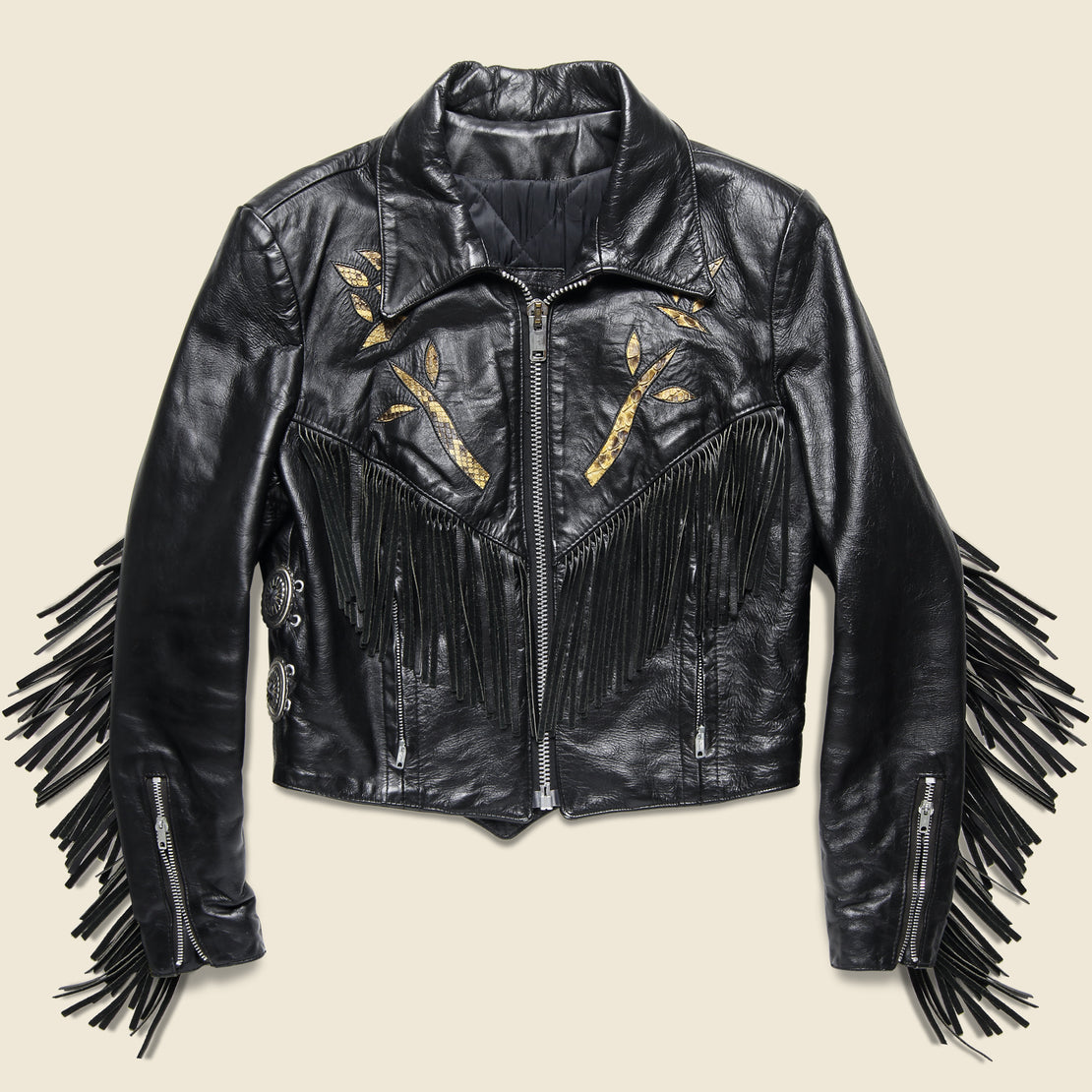 Vintage Leather Rider Concho & Tassle Biker Jacket - Black