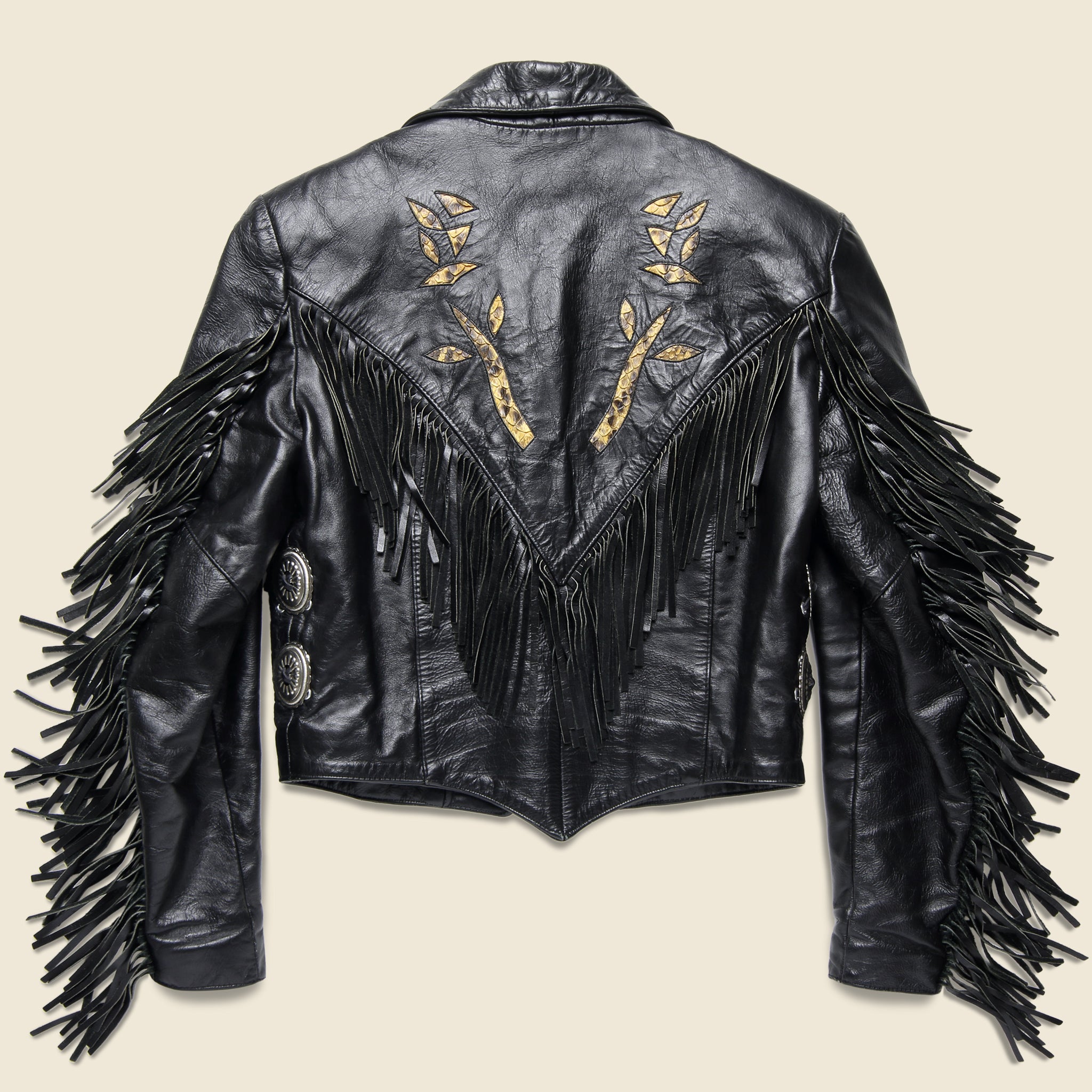 
                          Leather Rider Concho &amp; Tassle Biker Jacket - Black - Vintage - STAG Provisions - W - One &amp; Done - Apparel
                        