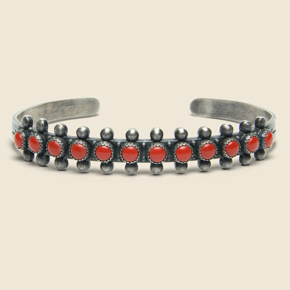 Vintage Round Petit Point Coral & Sterling Cuff - Silver