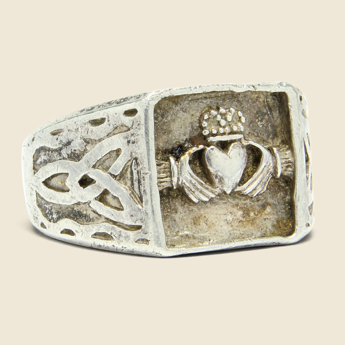 Vintage Claddagh & Celtic Knot Signet Ring - Sterling Silver
