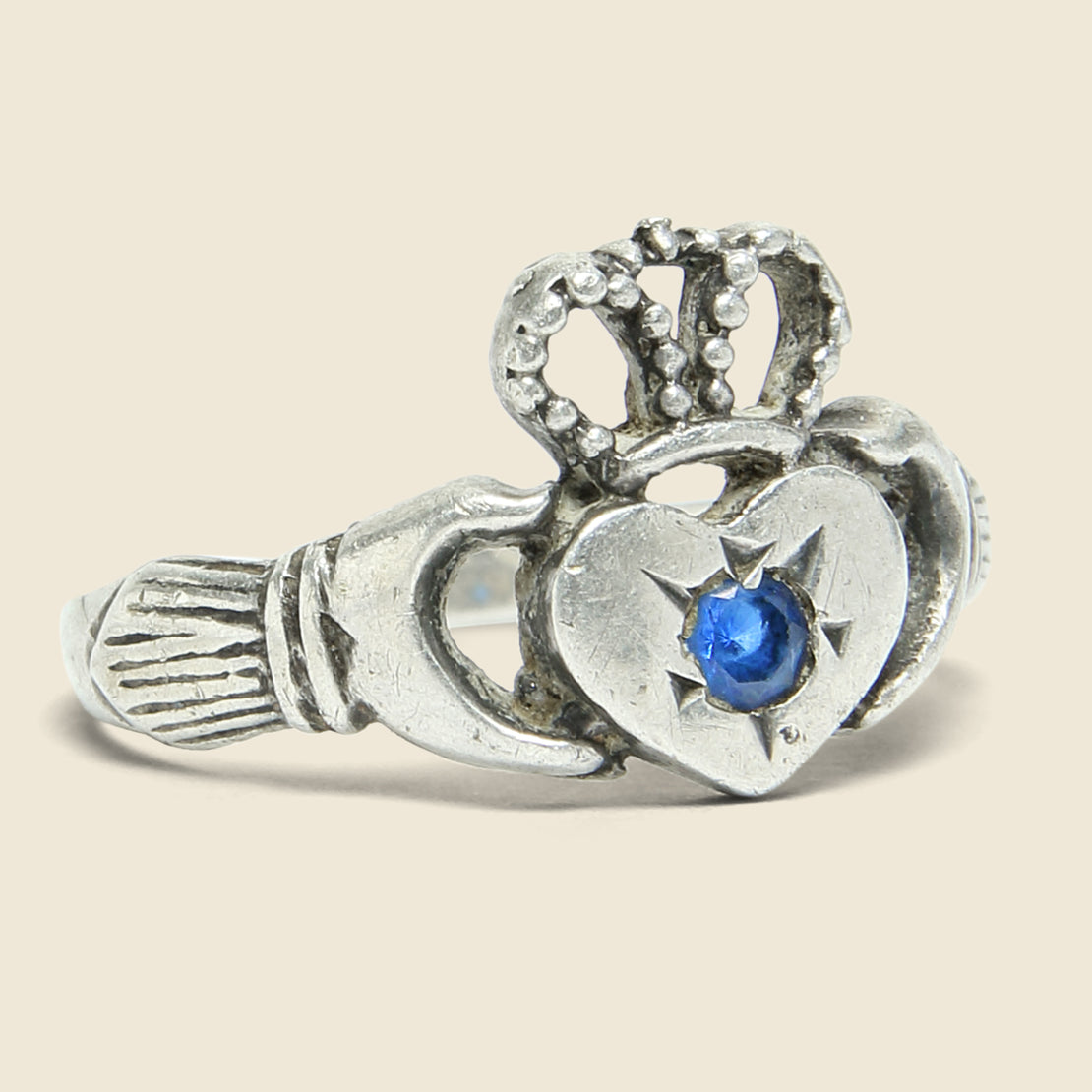 Vintage Blue Sapphire Claddagh Ring - Sterling Silver