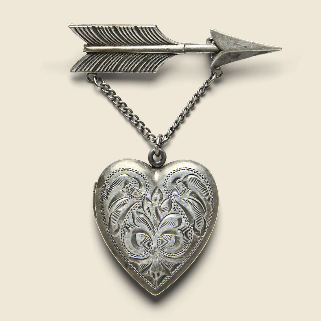 Vintage Arrow & Etched Heart Locket Pin - Sterling