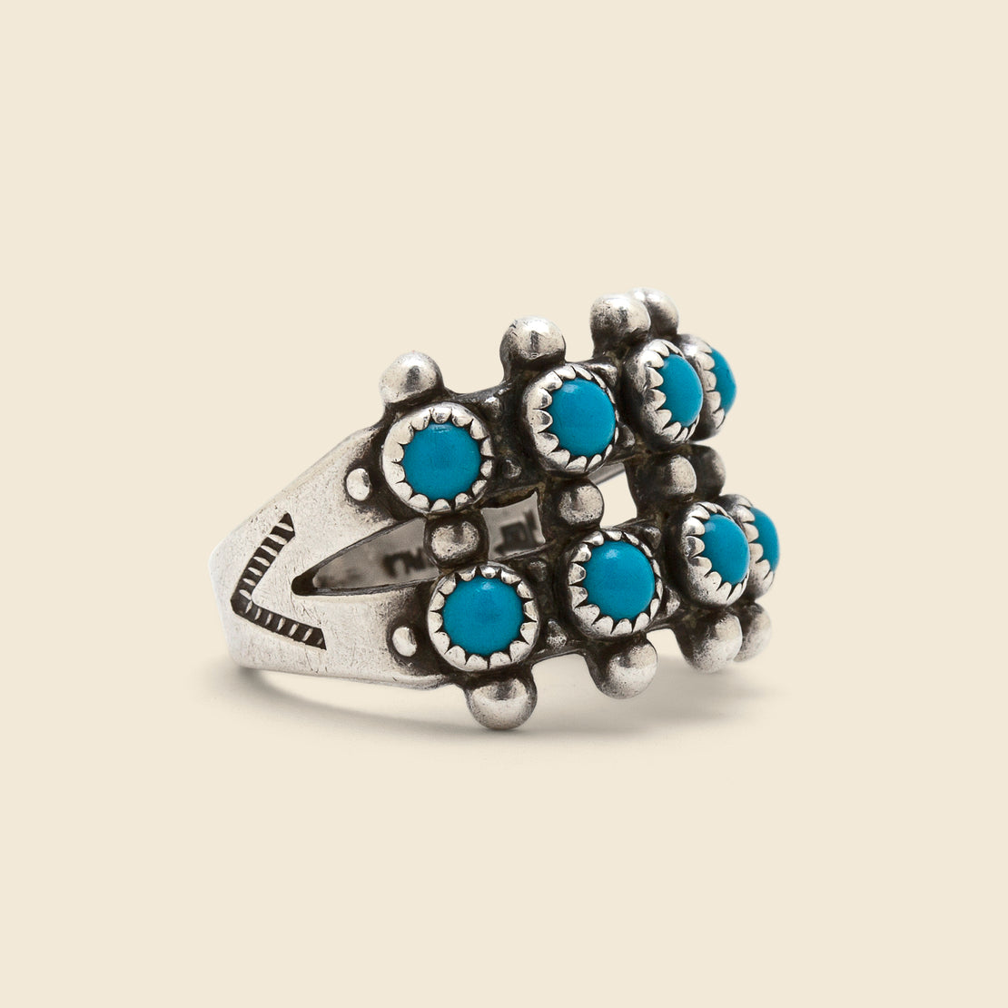 Vintage Petit Point Two Row Turquoise/Sterling Ring - Silver