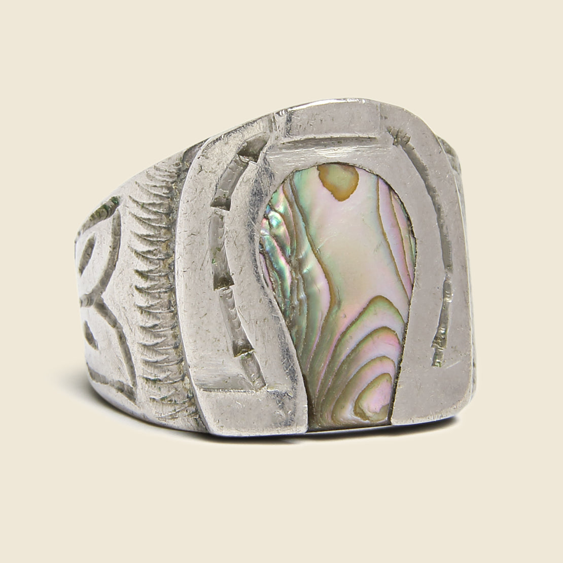 Vintage Stamped Sterling Silver & Abalone Horseshoe Ring