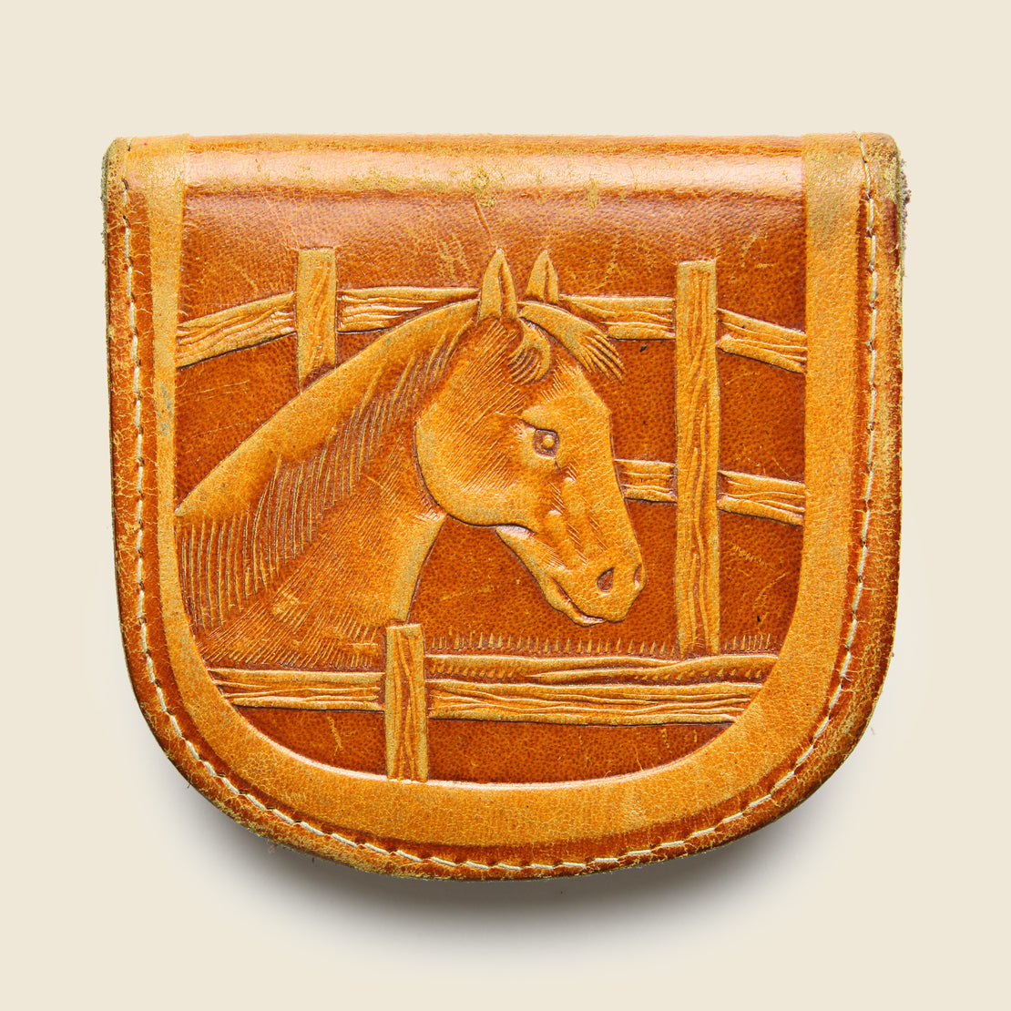 Vintage Hand Tooled Leather Horse & Saddle Mexico Coin Purse - Cognac