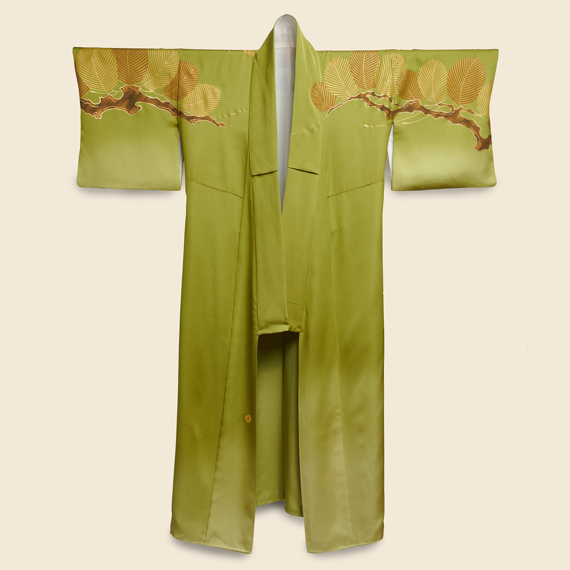 Vintage Long Silk Kimono - Green/Gold, Branch & Leaf Motif