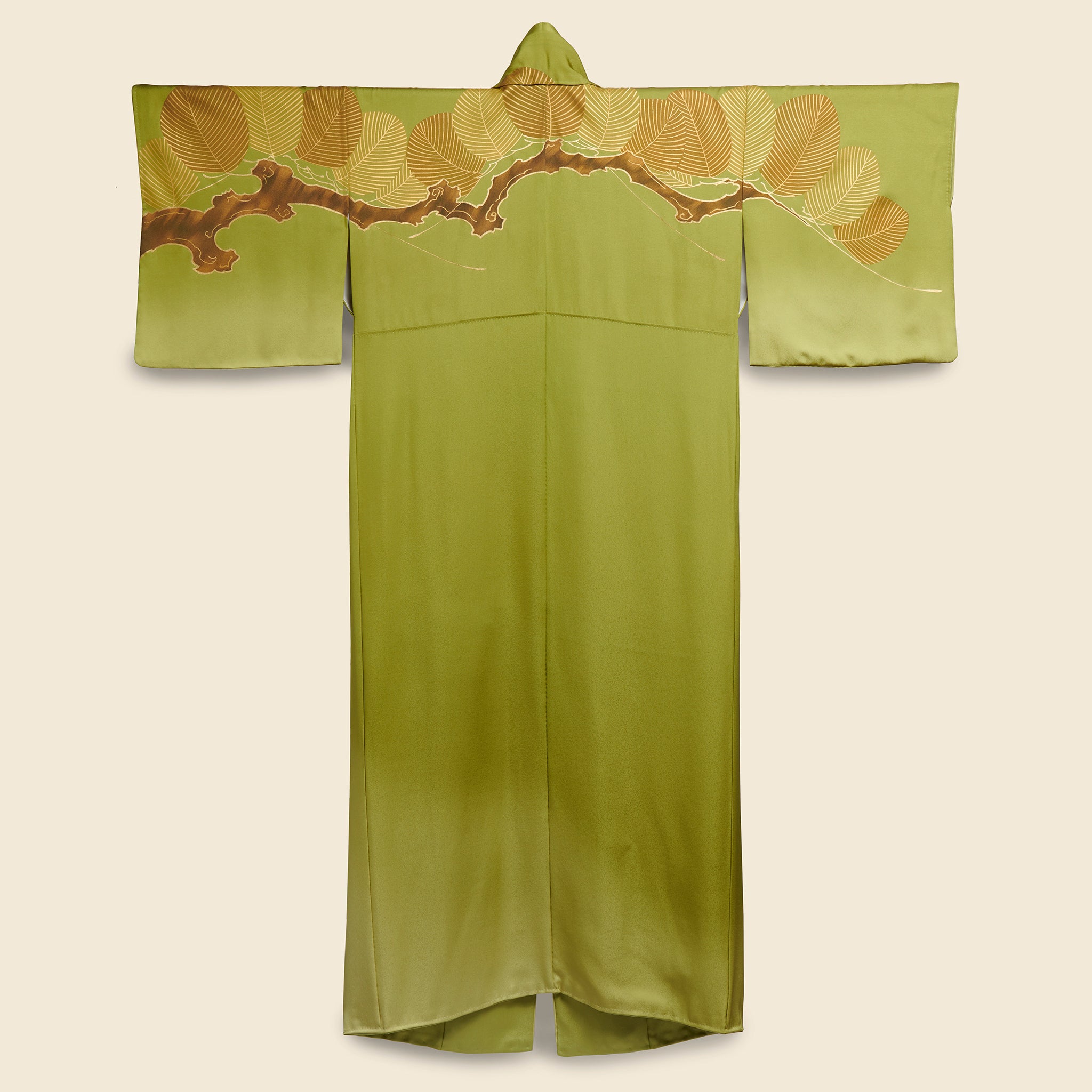 
                          Long Silk Kimono - Green/Gold, Branch &amp; Leaf Motif - Vintage - STAG Provisions - W - One &amp; Done - Apparel
                        