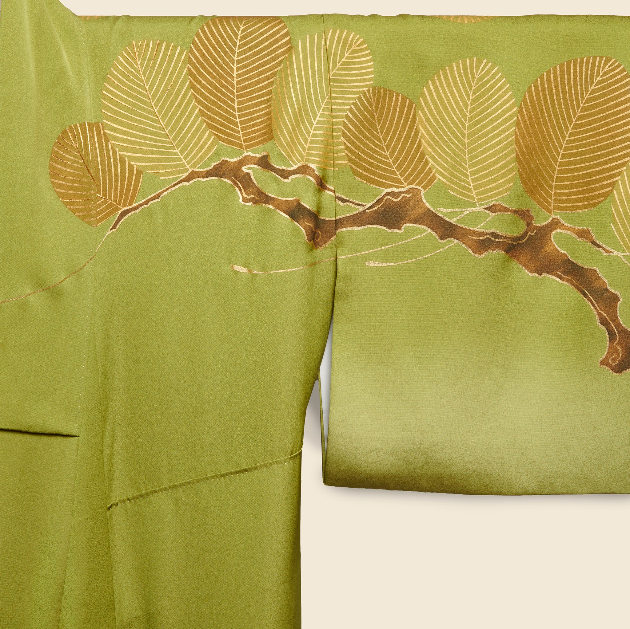 
                          Long Silk Kimono - Green/Gold, Branch &amp; Leaf Motif - Vintage - STAG Provisions - W - One &amp; Done - Apparel
                        