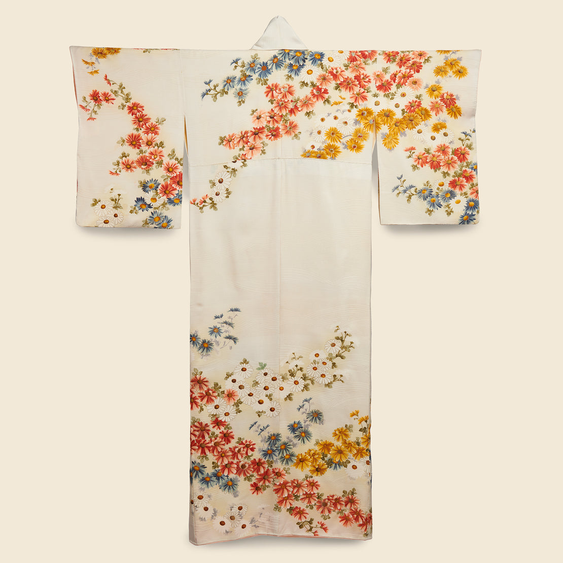Long Silk Kimono - Cream/Gold, Wrap Around Daisies
