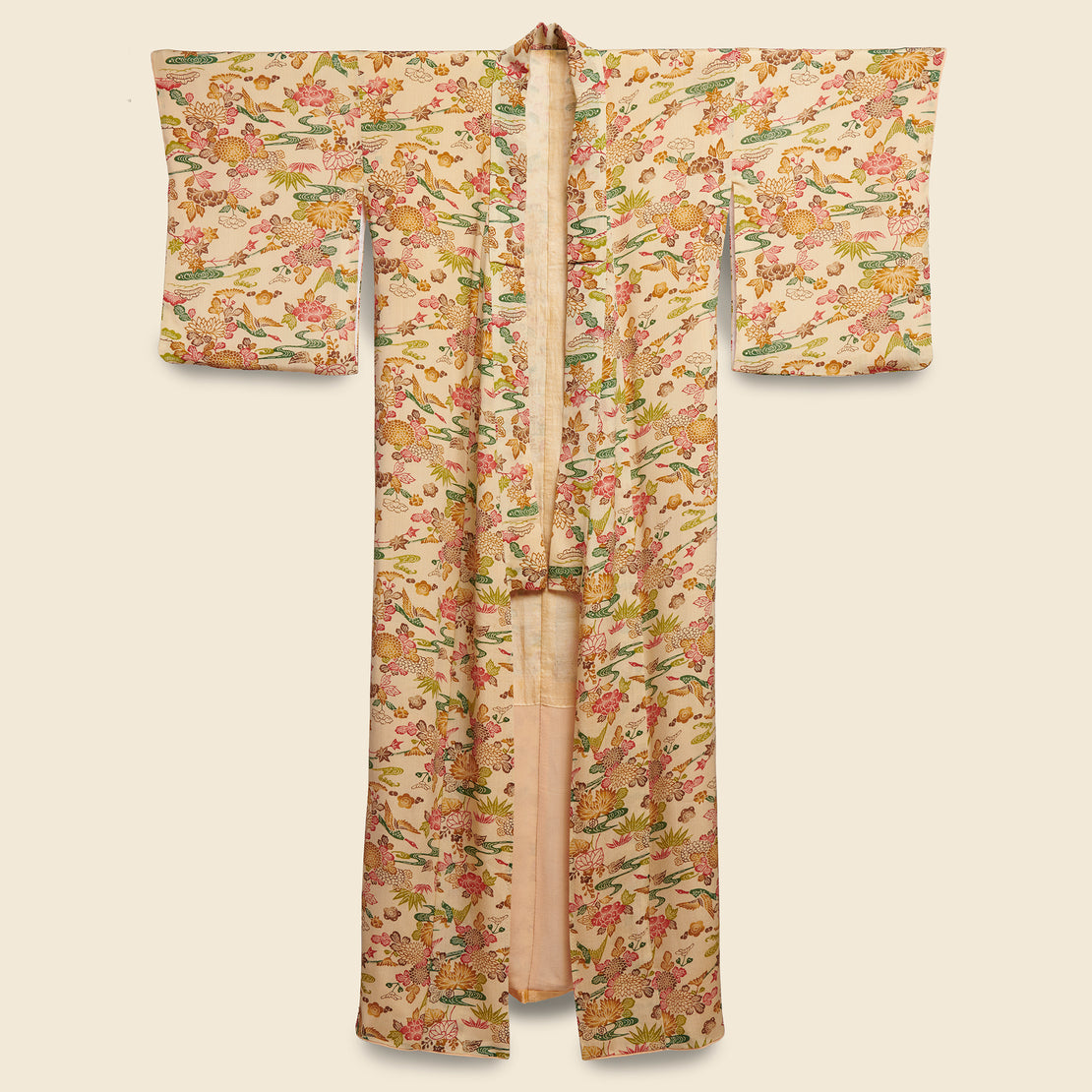 Vintage Long Silk Kimono - Tan, Chrysanthemums & Geese