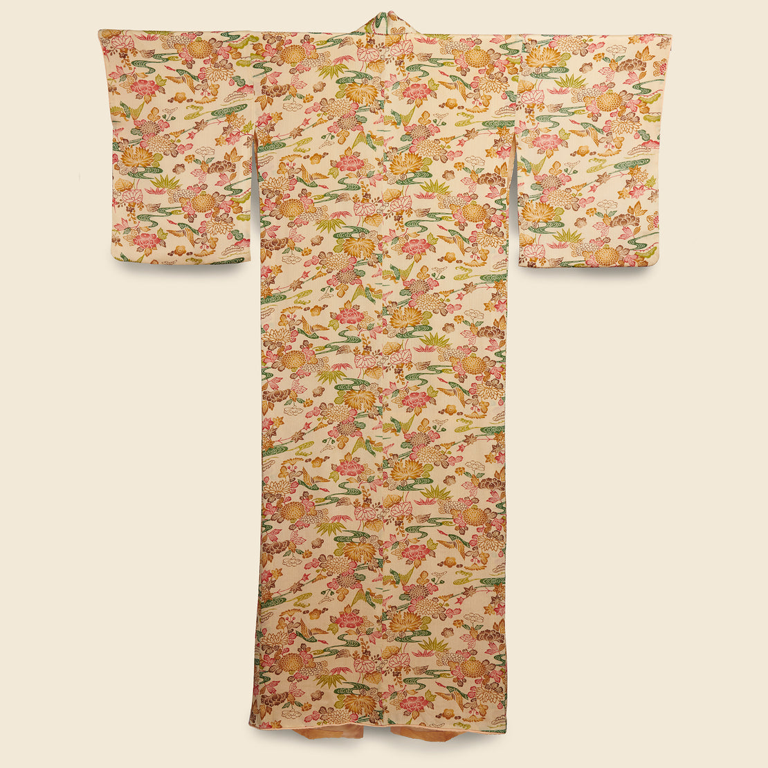 Long Silk Kimono - Tan, Chrysanthemums & Geese - Vintage - STAG Provisions - W - One & Done - Apparel