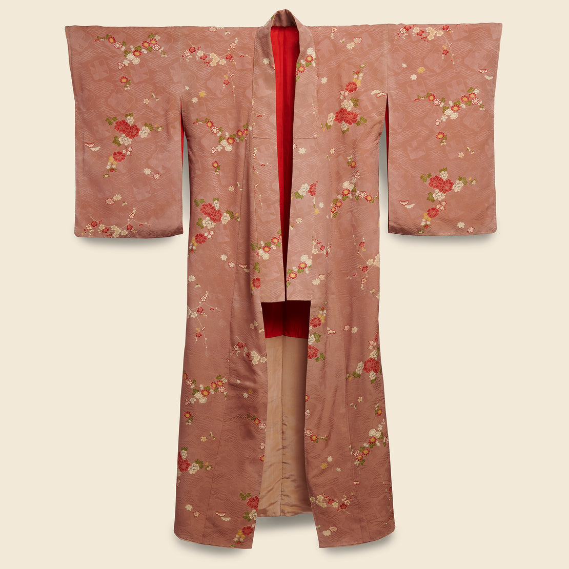 Vintage Long Silk Kimono - Mauve, All Over Flowers
